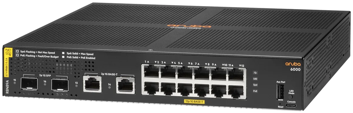 HPE HPE Aruba CX 6000 12G Class4 PoE 2G/2SFP 139W network switch R8N89A#ABA — product photo
