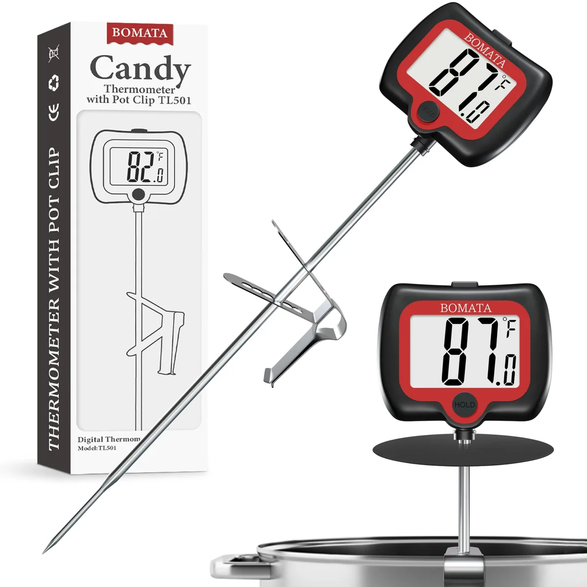 Black digital candy thermometer with long stainless steel probe and pot clip