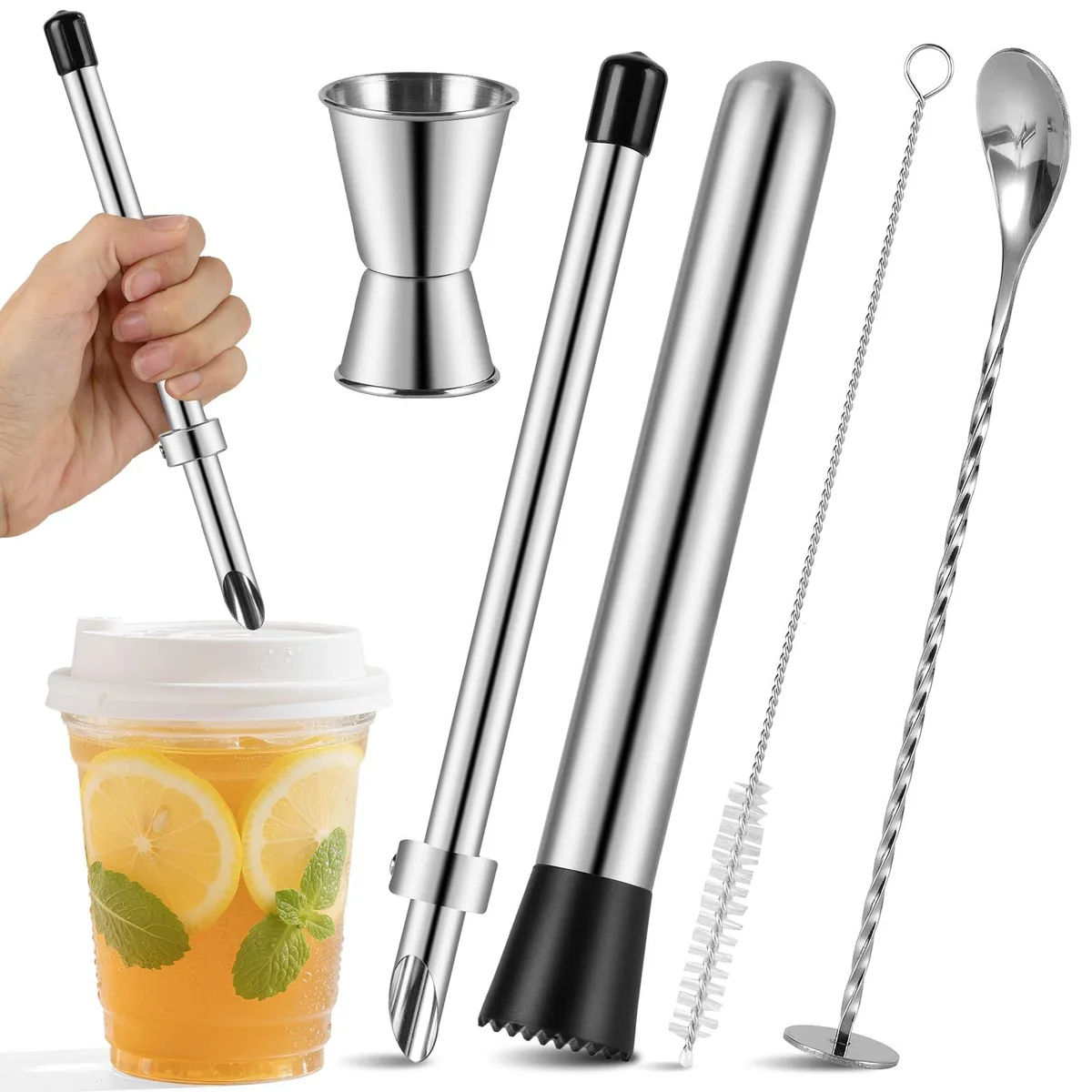 Seven-piece black stainless steel bar tool set with floral design