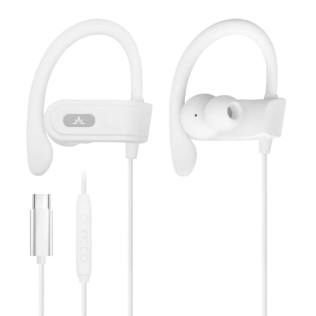 White in-ear earbuds with earhooks and inline remote