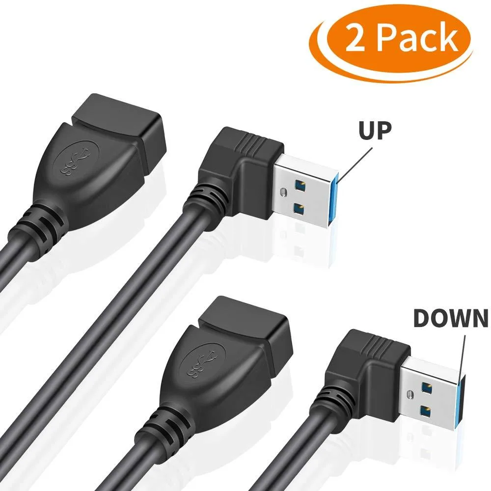 Two short USB 3.0 extension cables, one up-angled and one down-angled, nickel-plated connectors, blue inserts, black PVC jacket
