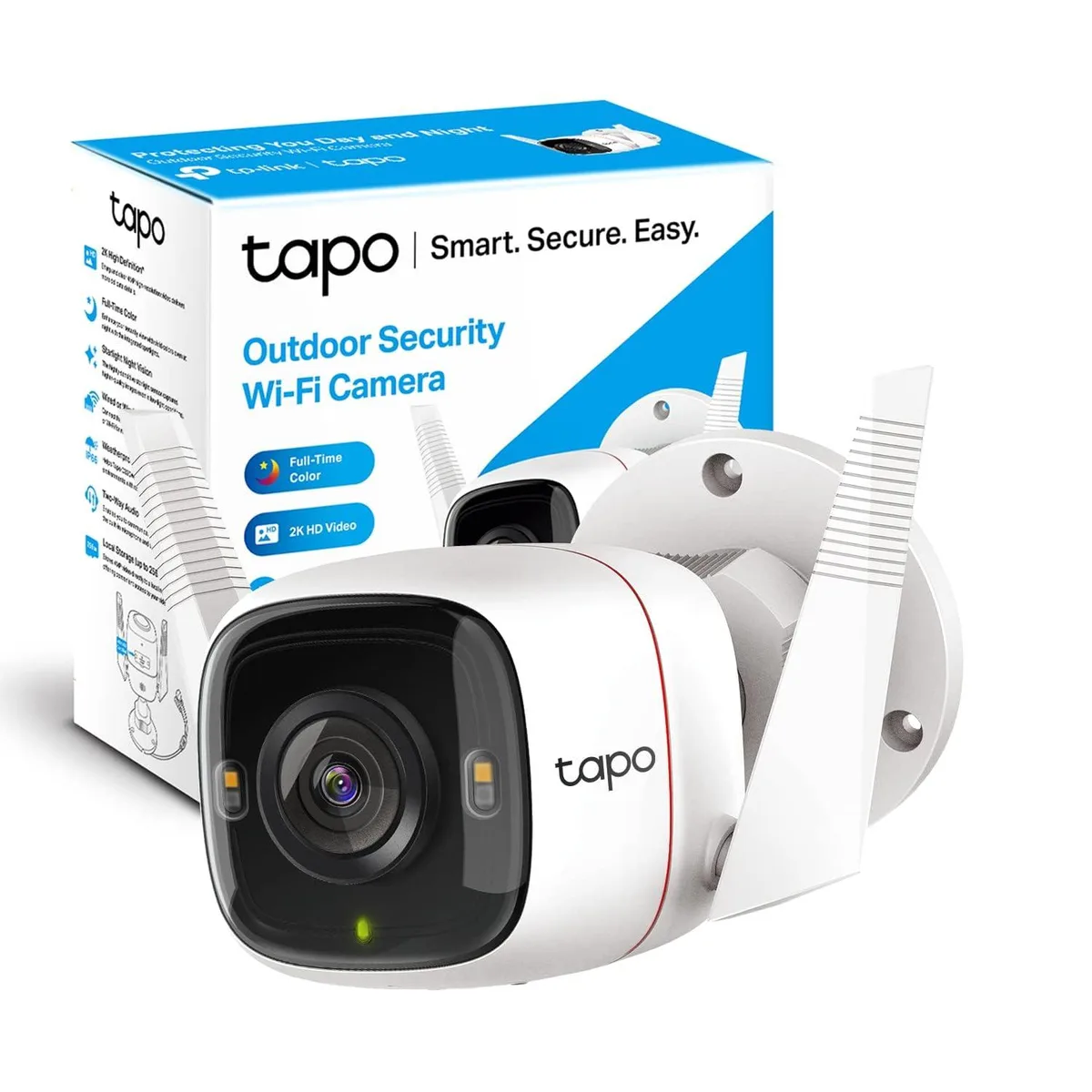 White dome camera in rectangular box with mounting accessories