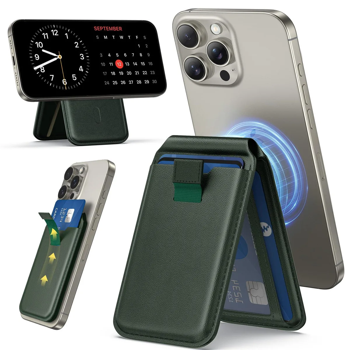 kb002-02 wallet green bi-fold magnetic card holder drawstring N52 180° stand iPhone 12-17 not 12/13 mini — product photo