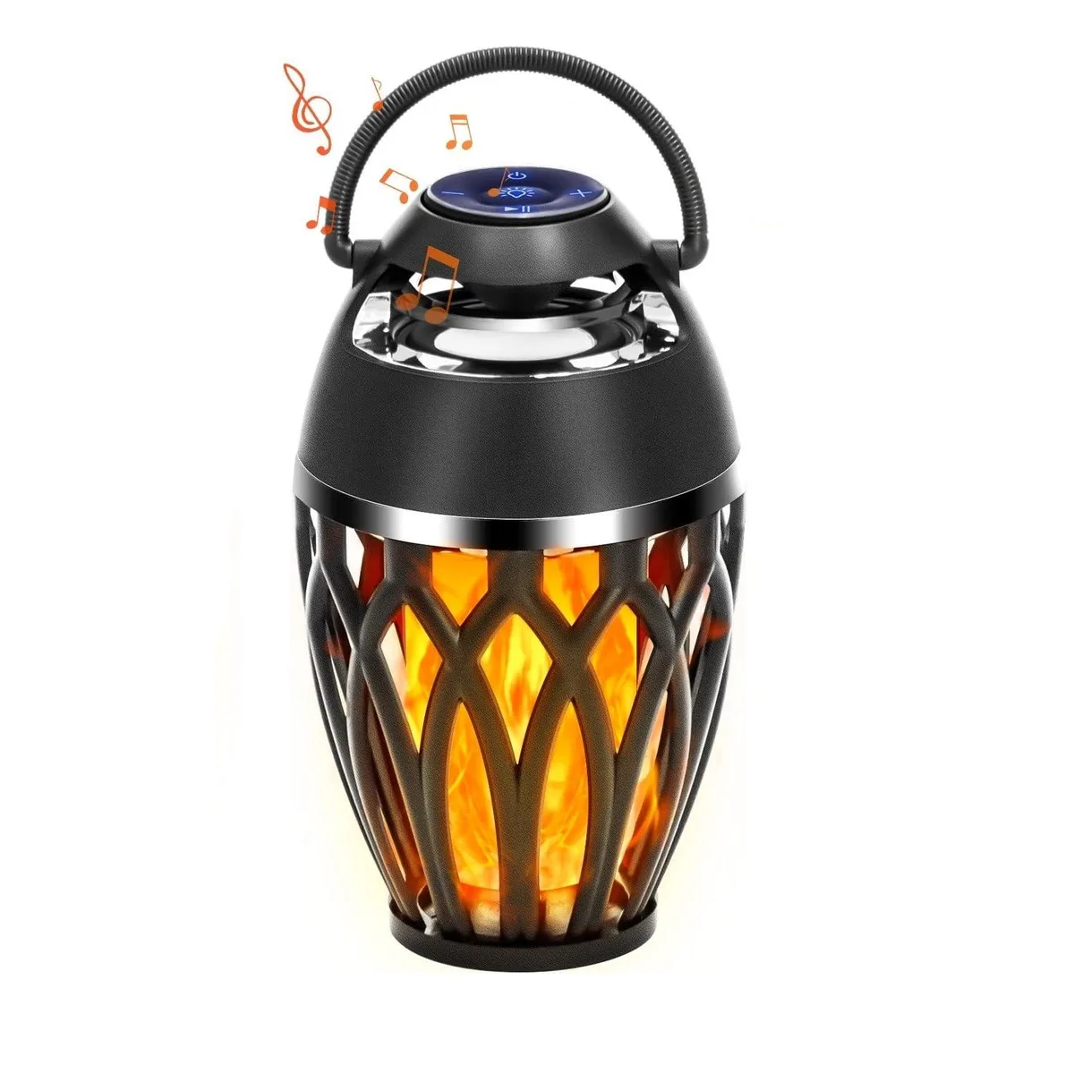 Black cylindrical outdoor Bluetooth speaker with LED flame effect, 6.5 inch driver, IPX5 waterproof, battery powered