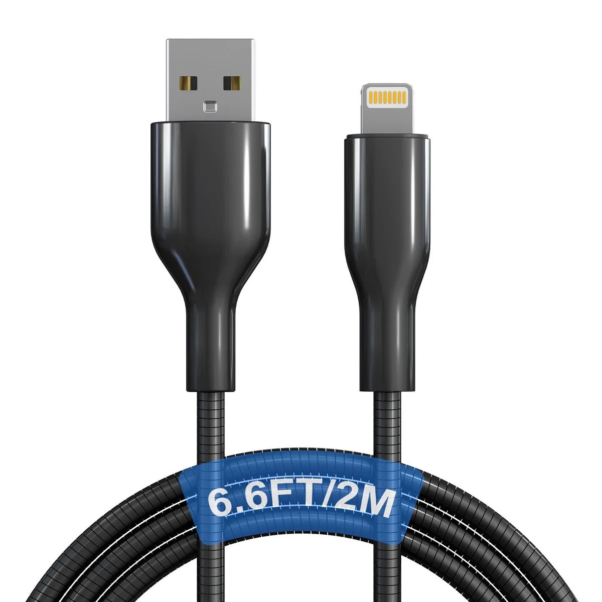 Orange chew-proof Lightning cable with stainless steel braided sheath and metal connector ends
