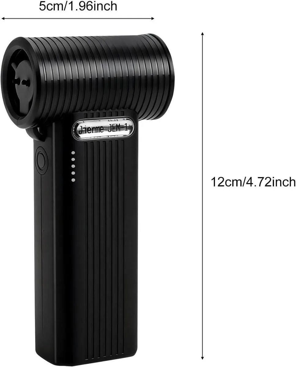 Black handheld fan, rectangular body, dense front grille, USB-C port, lanyard hole, LED battery display showing 25 50 75 100 percent