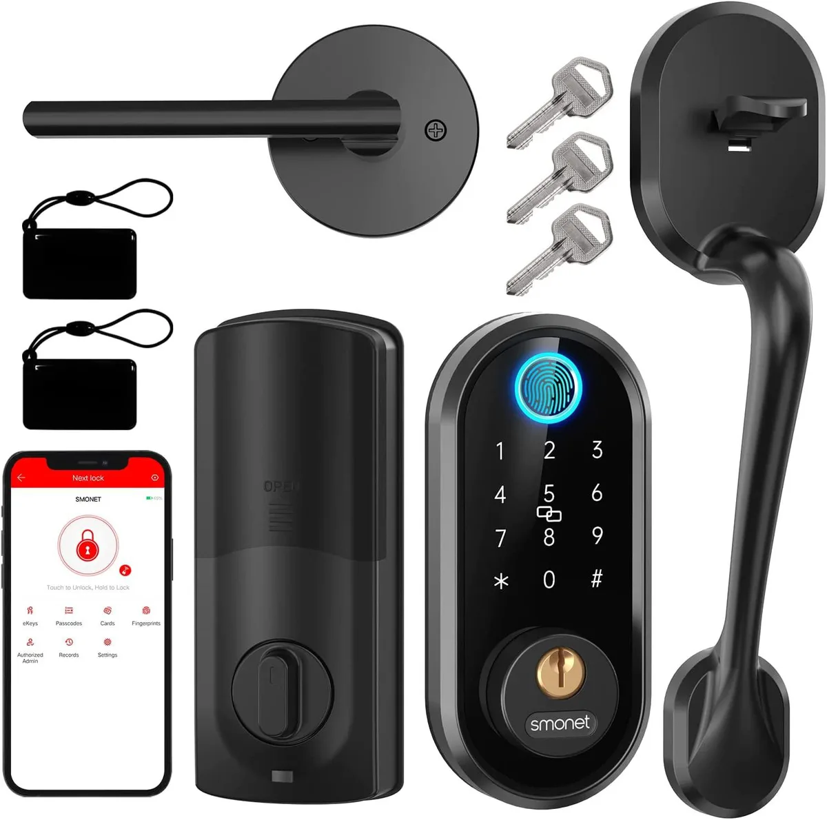 SMONET SMONET Smart Door Lock Black Bluetooth Fingerprint Keypad 250 Prints 5000 Cycles IP63 -4F to 158F — product photo