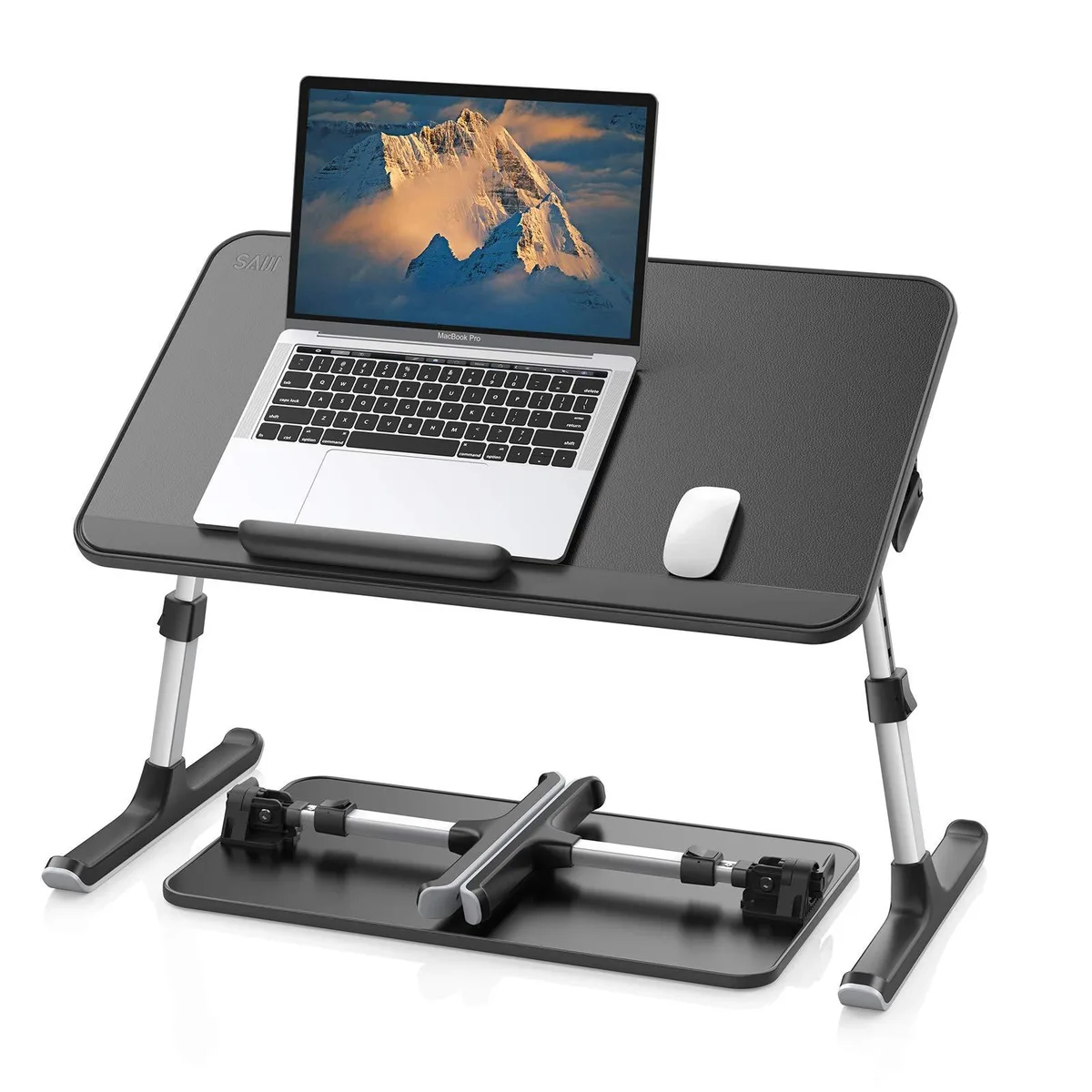 Black foldable lap desk with adjustable legs and angled PVC leather surface, 50 x 32 x 24 cm
