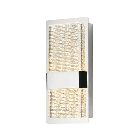 Polished chrome wall sconce with crystal-embedded acrylic panel, two-light design, 5.5 inches wide