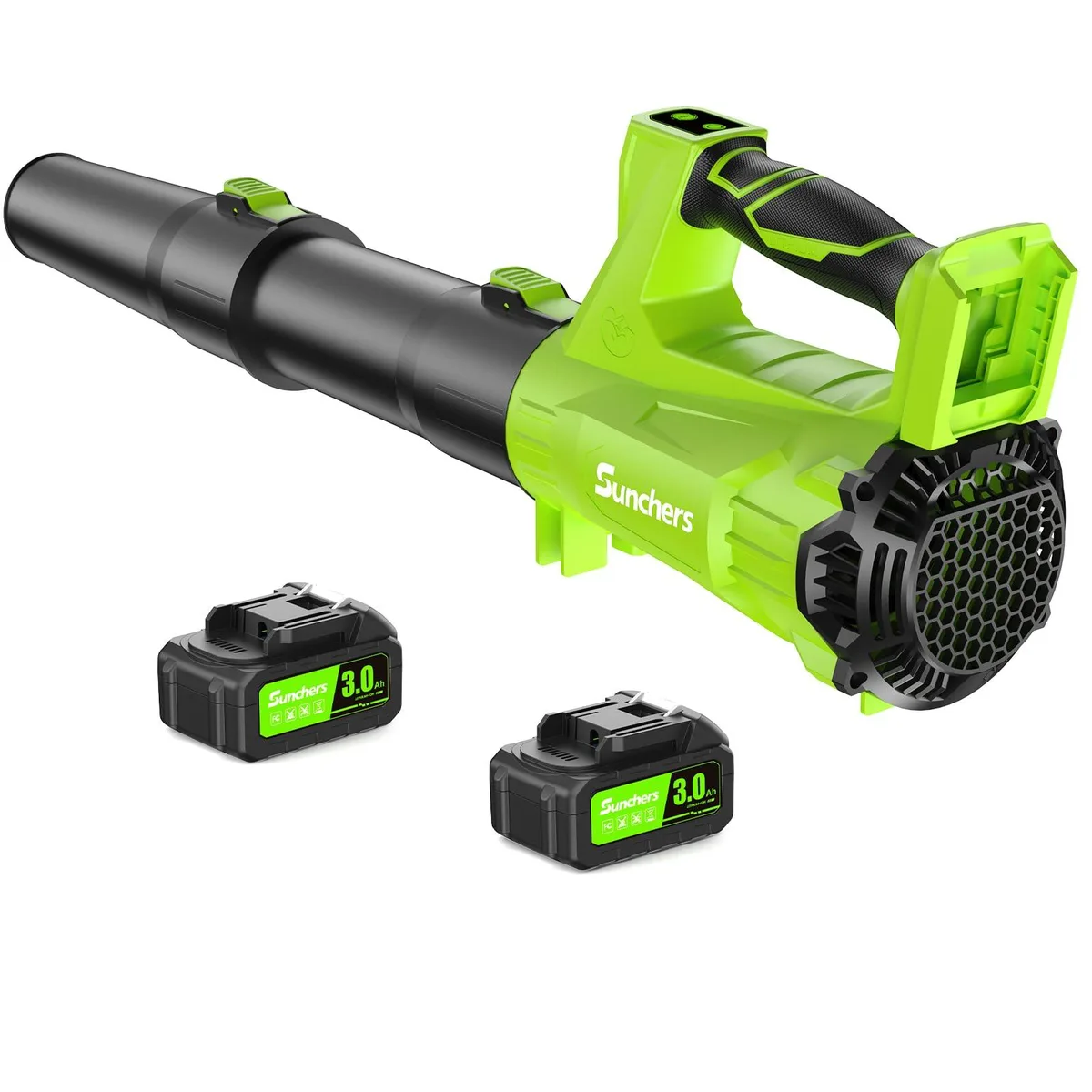 Handheld orange leaf blower with two tubes and two batteries