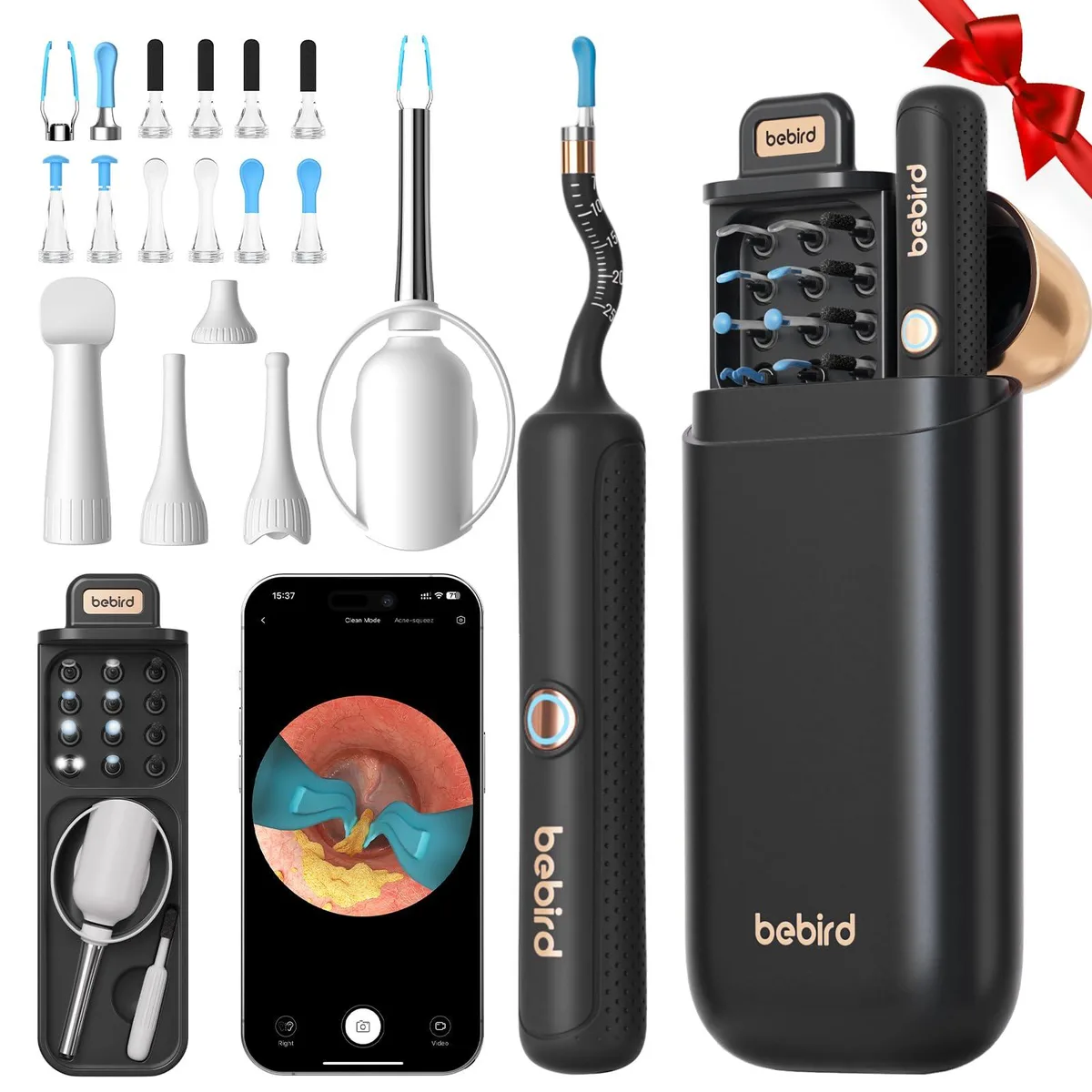Black flexible ear camera otoscope with visual tweezers and storage case