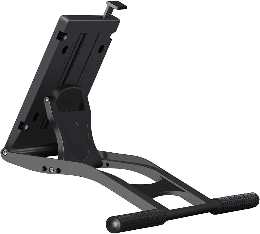 Adjustable metal tablet stand with VESA mount, matte black finish, tilt range 20 to 80 degrees