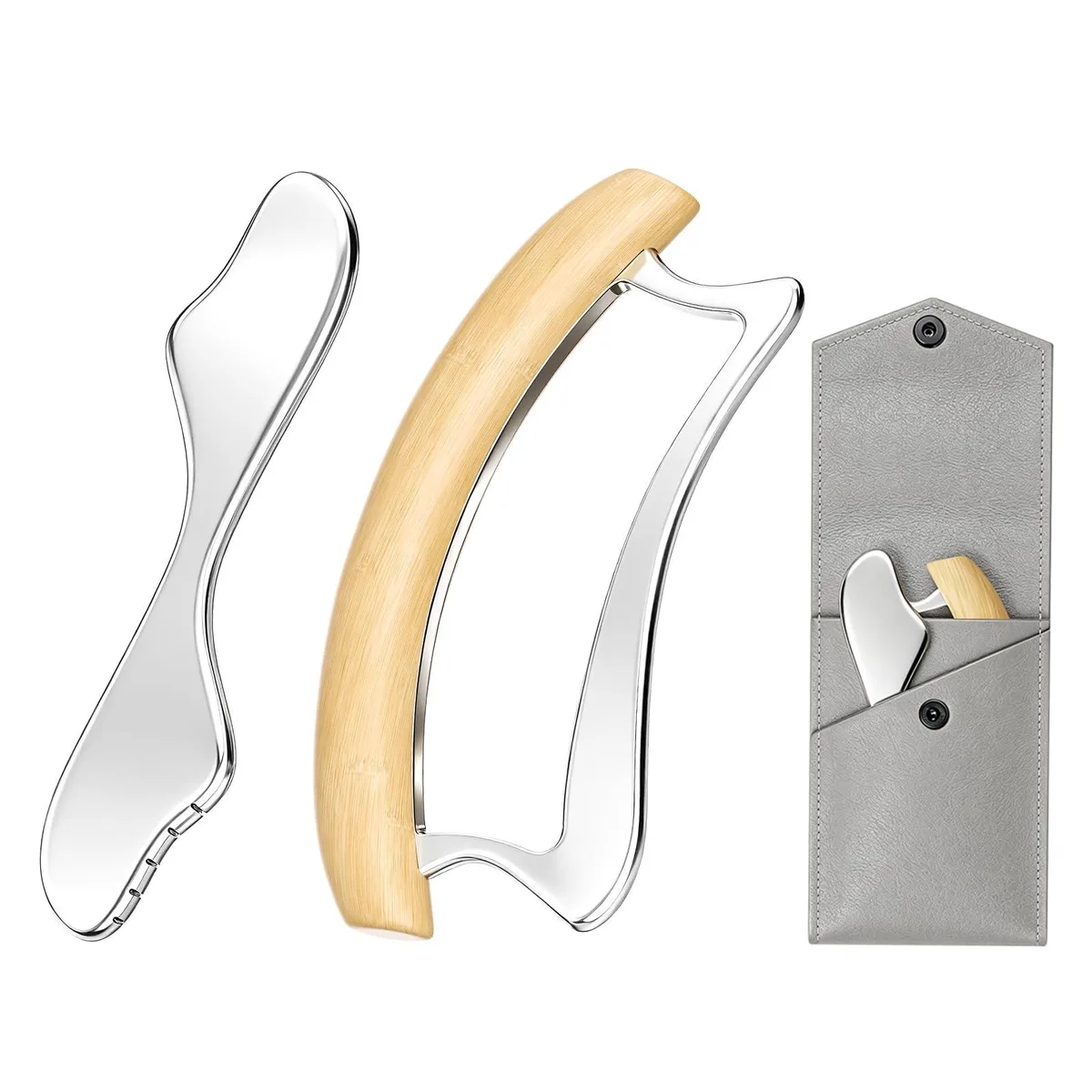 Stainless steel Gua Sha tool with wooden D-handle, silver finish, S-shaped scraper included