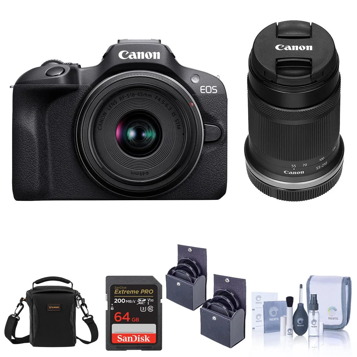 Canon Canon EOS R100 24.1MP Mirrorless Kit 18-45/55-210mm 64GB Bag Filters — product photo