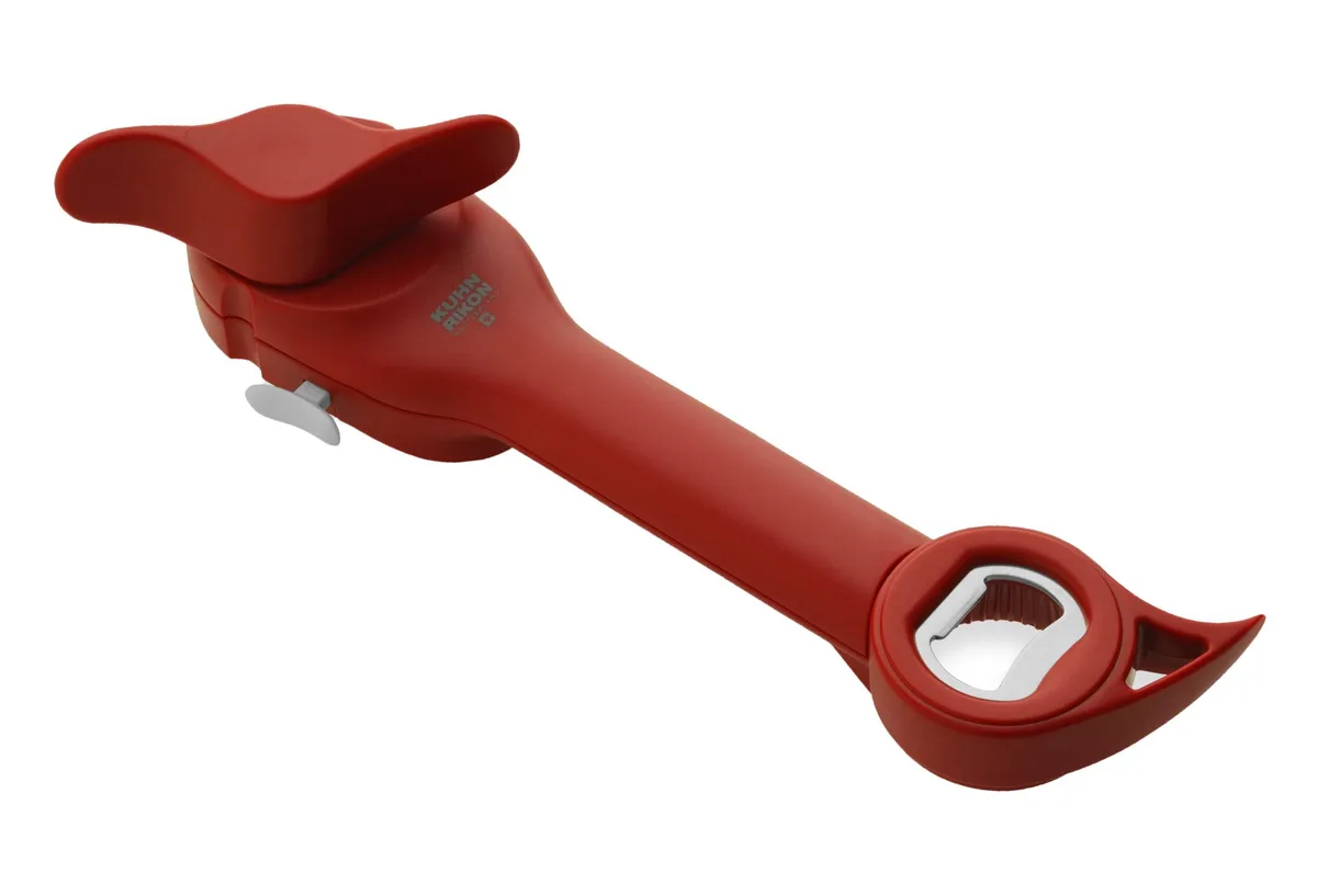 Red automatic can opener with stainless steel body and long handle, 9 by 2.75 inches