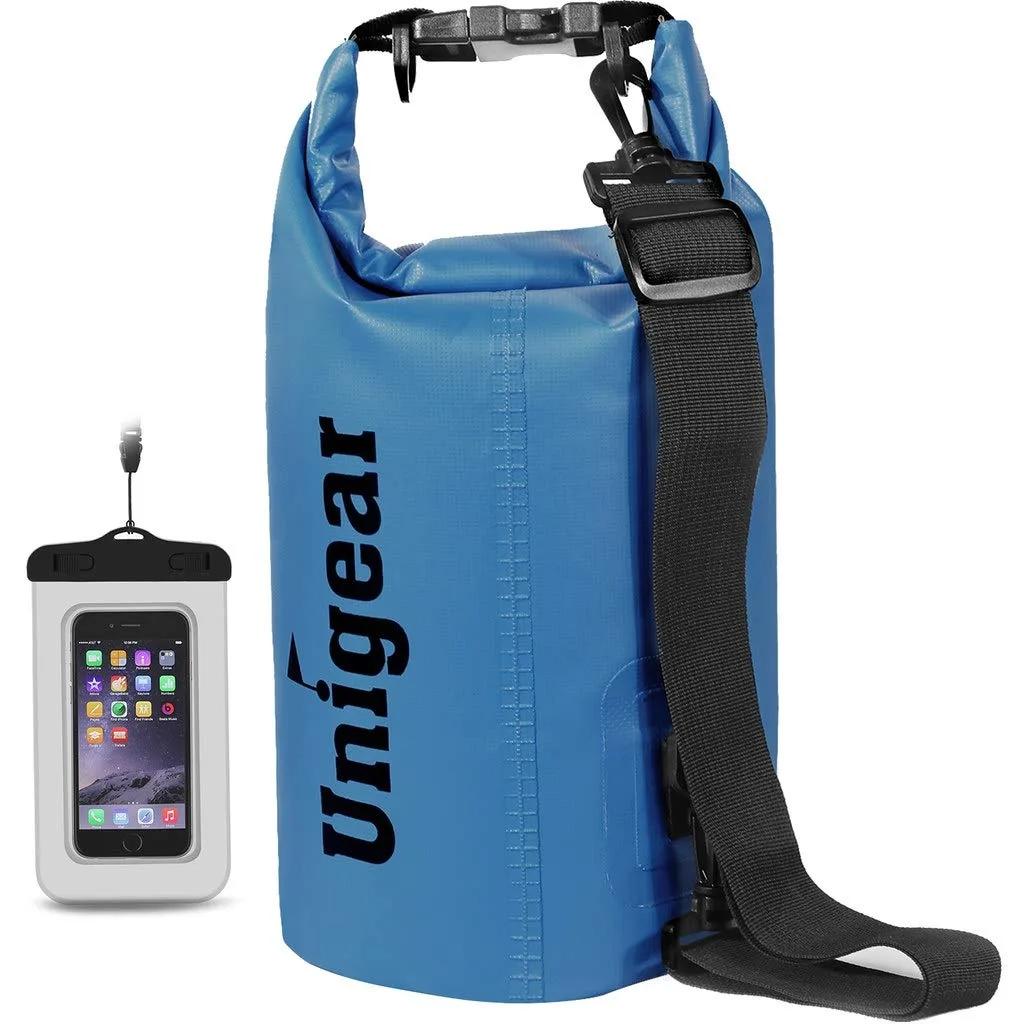 Sky blue cylindrical dry bag with roll-top closure, single shoulder strap and waterproof phone case attached