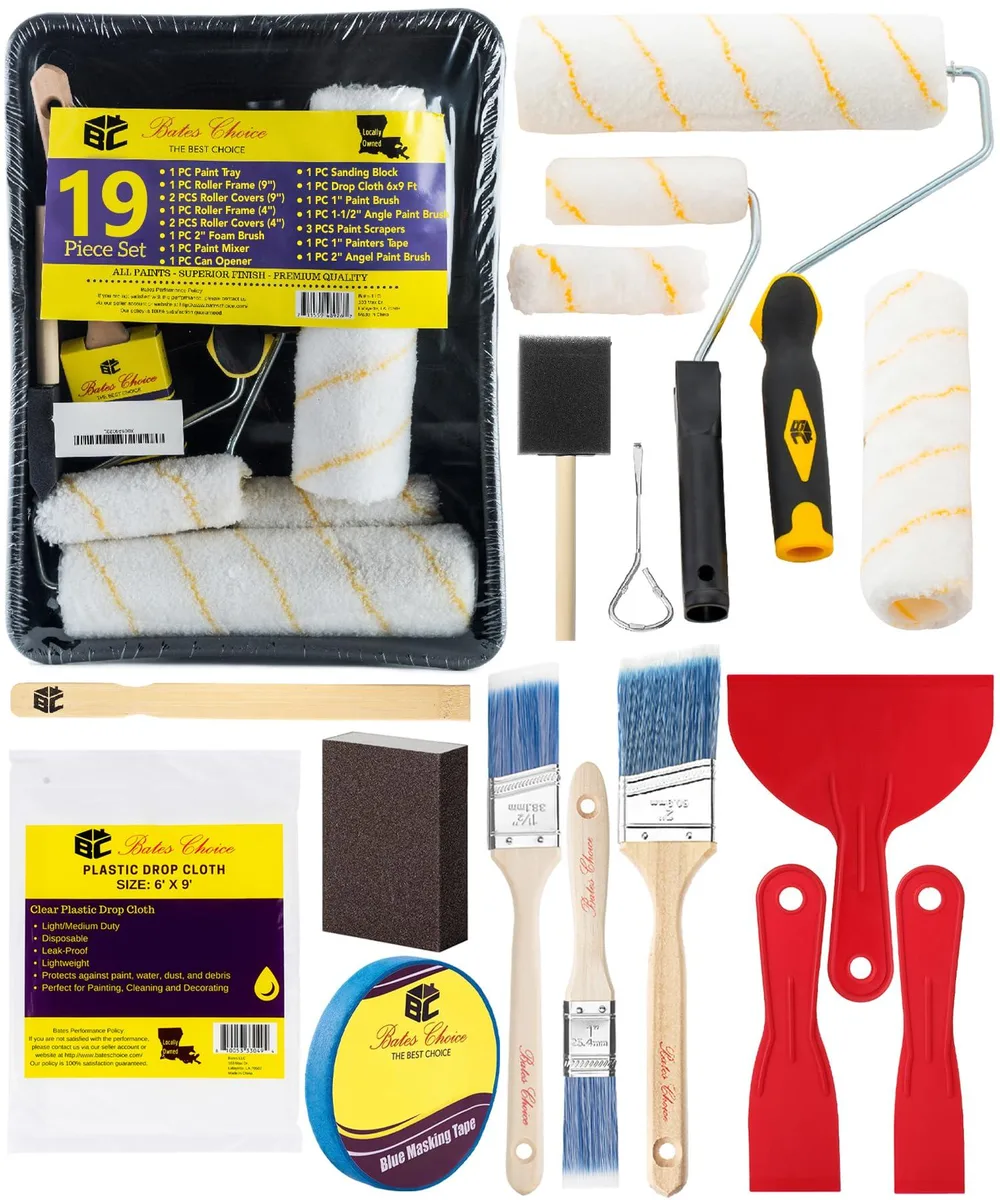 Black and yellow handled paint roller kit with microfiber sleeves, frames, brushes, tray and drop cloth in rectangular box