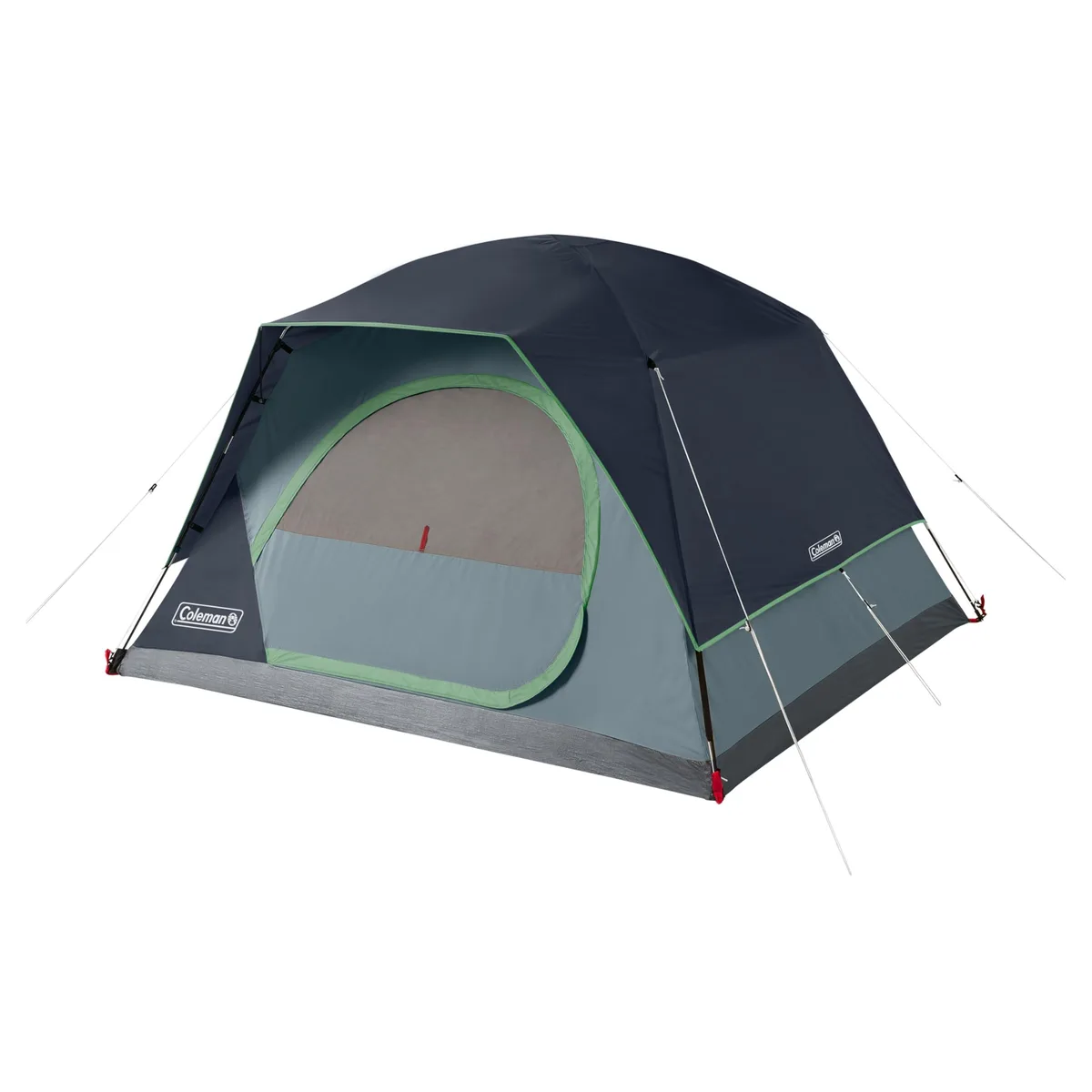 Green 4-person dome tent with rainfly, near-vertical walls and carry bag
