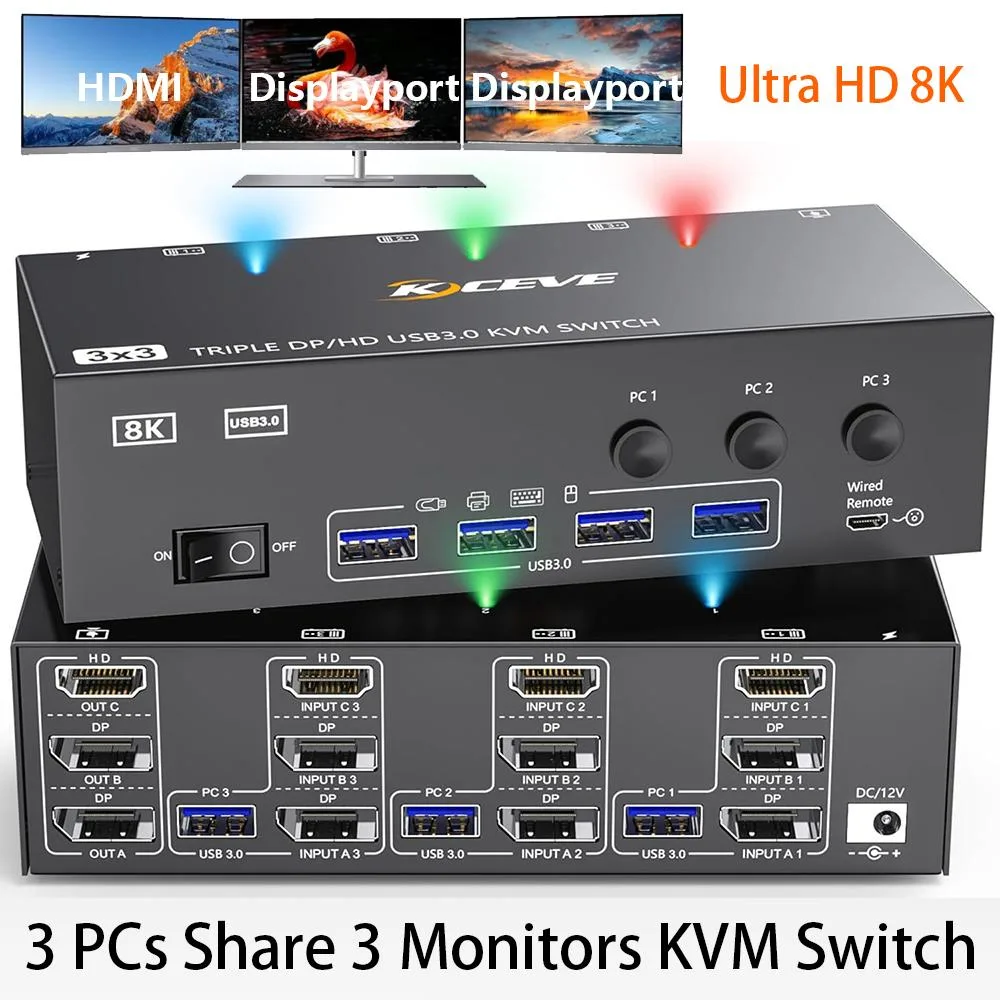 AUTYUE AUTYUE KVM Switch 3 Monitors 3 Computers HDMI 2 DP 4 USB 3.0 8K60 4K144 — product photo
