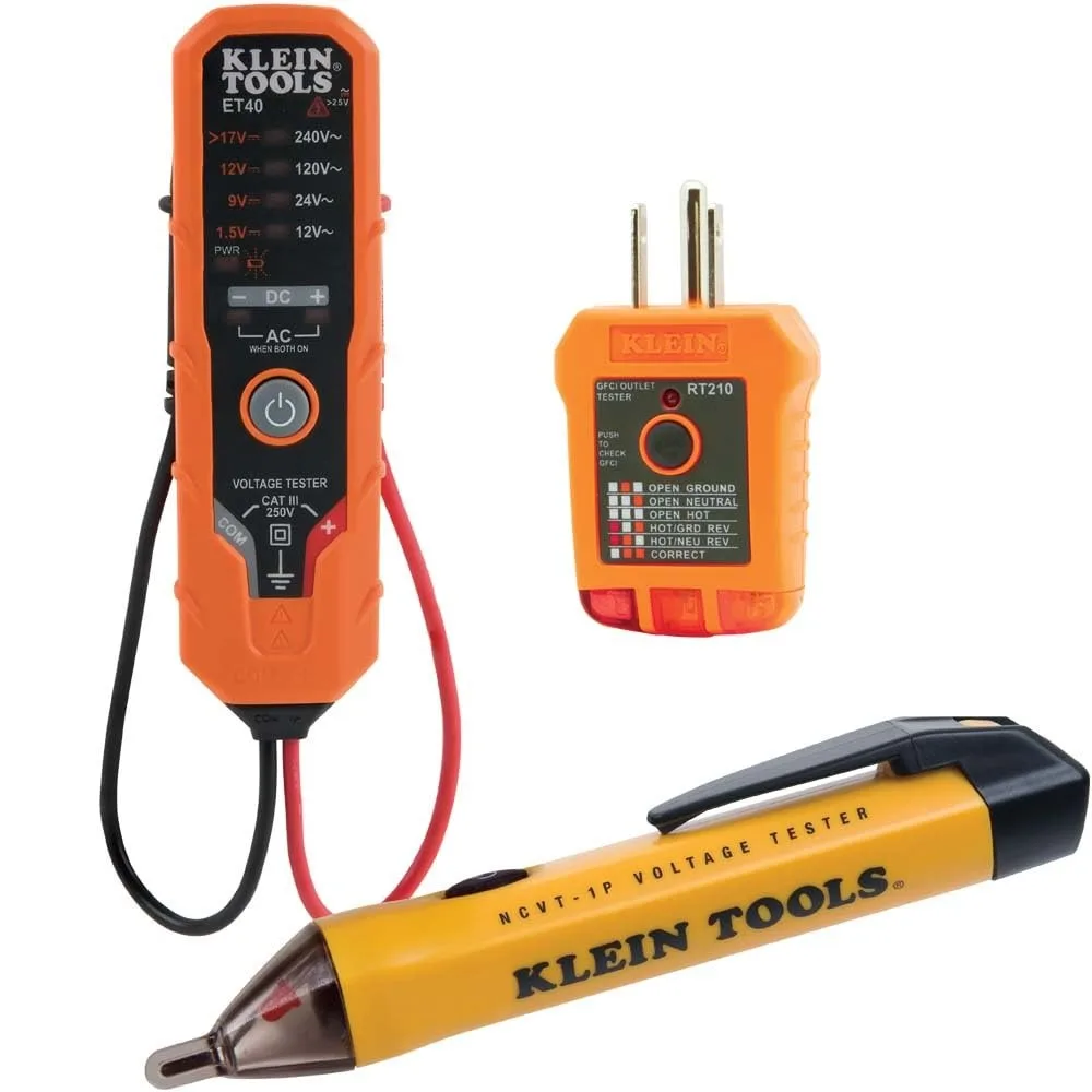 Three-piece electrical test kit in plastic case with testers and probe pen