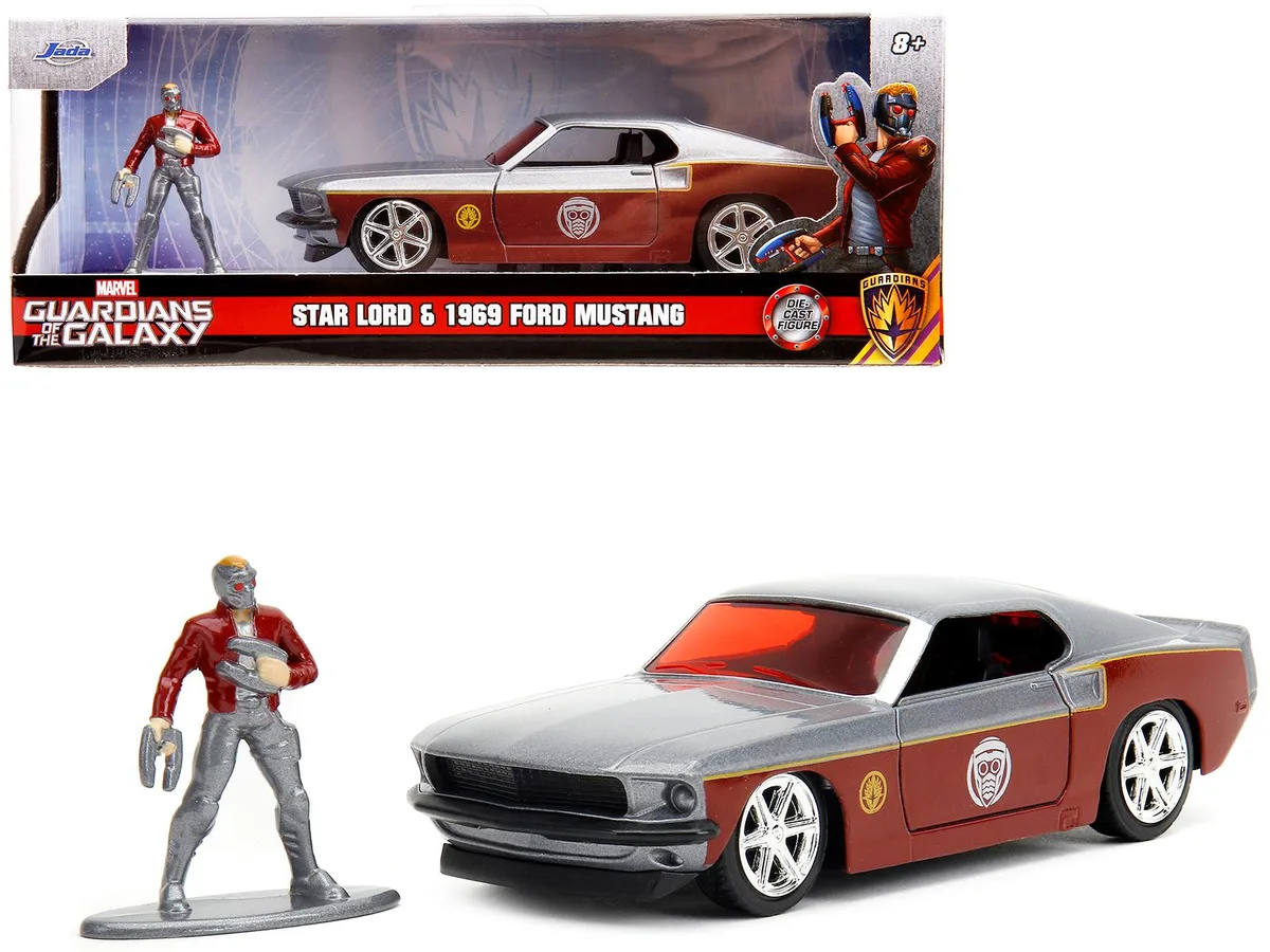 Jada Jada 1969 Ford Mustang Silver Metallic &amp; Dark Red with Star Lord Figure 1/32 Diecast Hobby Collectible — product photo