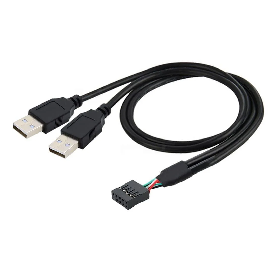 A short Y-splitter cable with a 9/10-pin header plug and two USB 2.0 male ends
