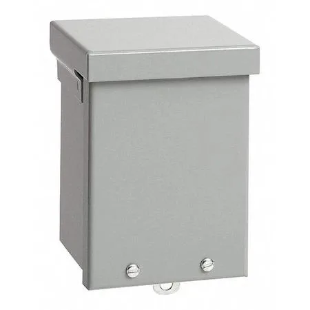 Gray galvanised steel electrical enclosure with screw-on solid cover and captive screws, wall-mountable, 8 by 8 by 6 inches