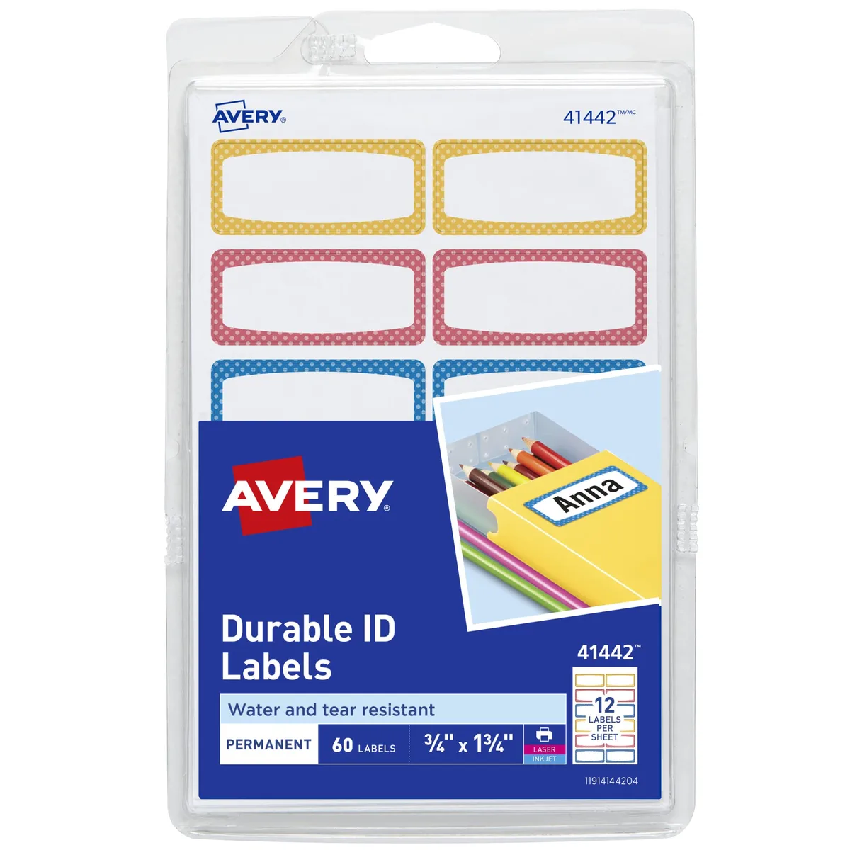 White rectangular sheet of film labels with coloured borders, 60 pieces