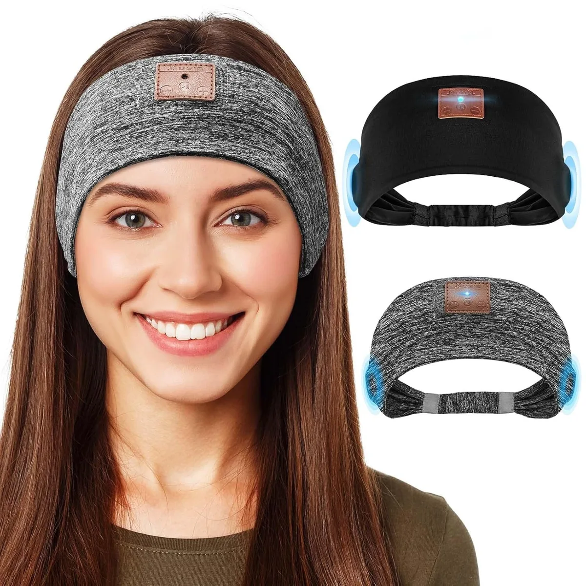 Two white fabric headbands with built-in flat speakers and a central control module