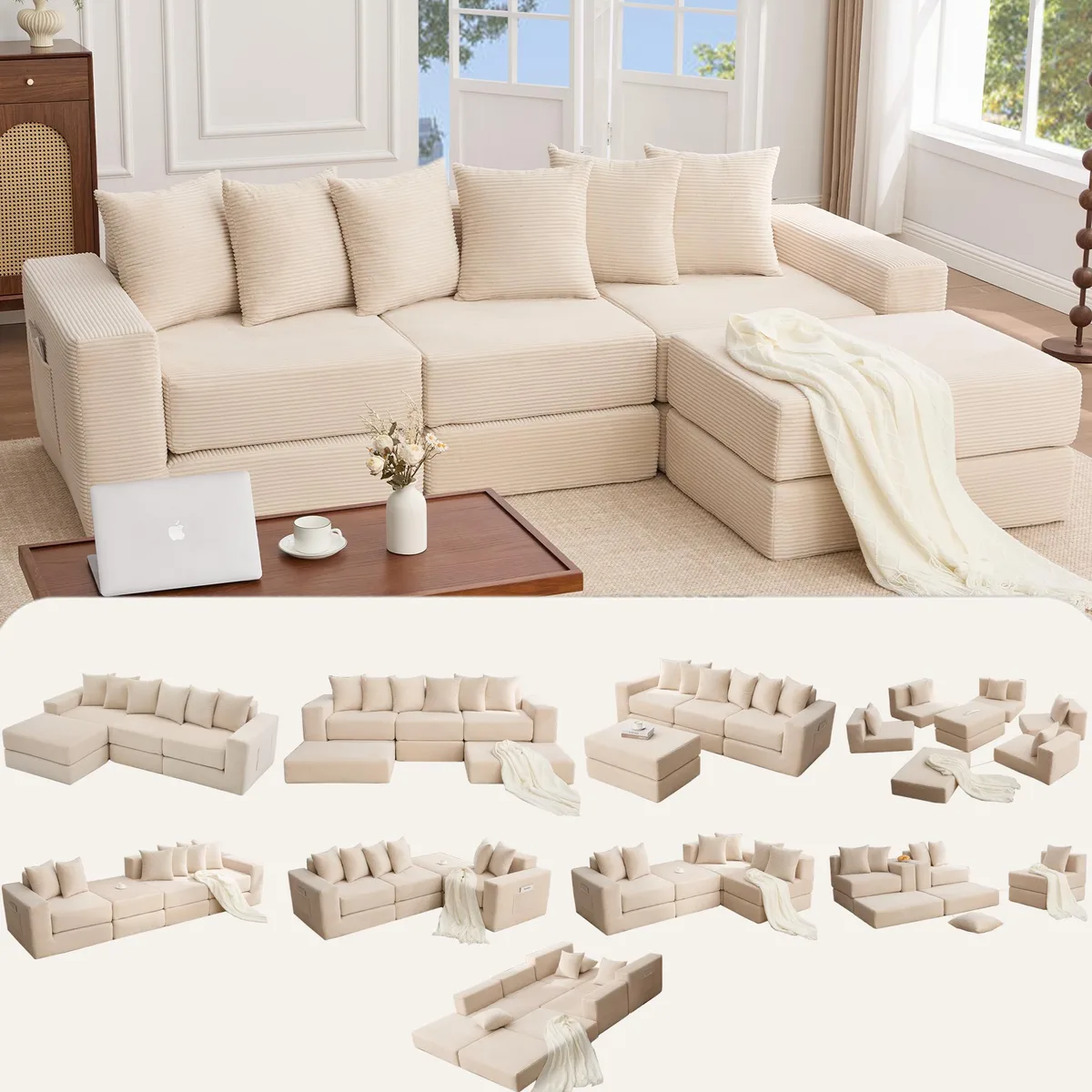 Beige corduroy modular sectional with six pillows, L-shaped configuration, side storage pockets