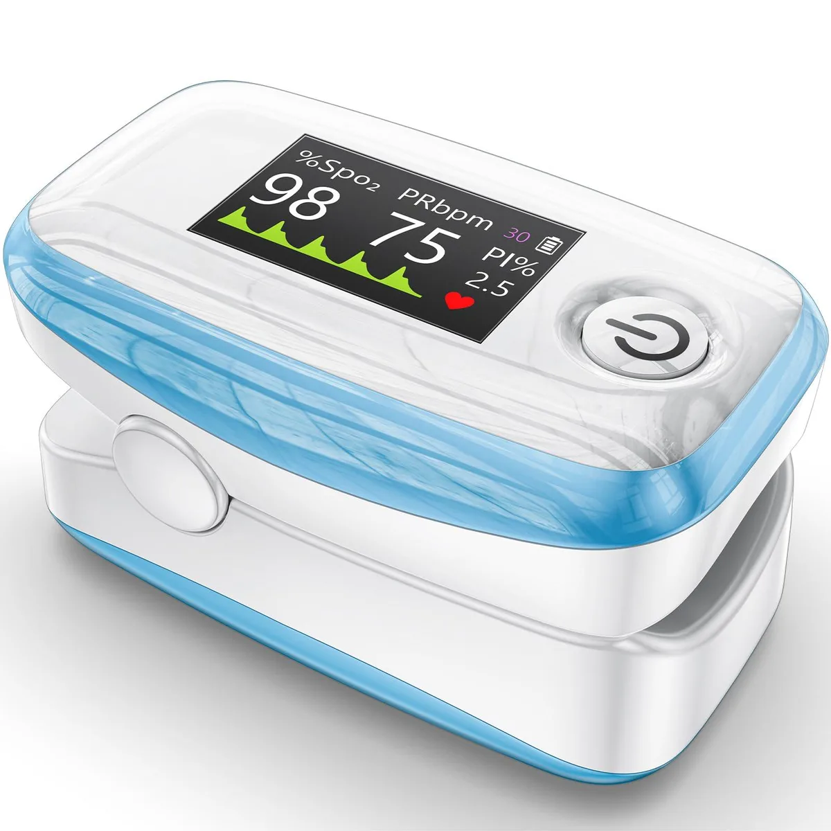 Blue fingertip pulse oximeter with colour TFT-OLED display, silicone cushion, lanyard and two AAA batteries