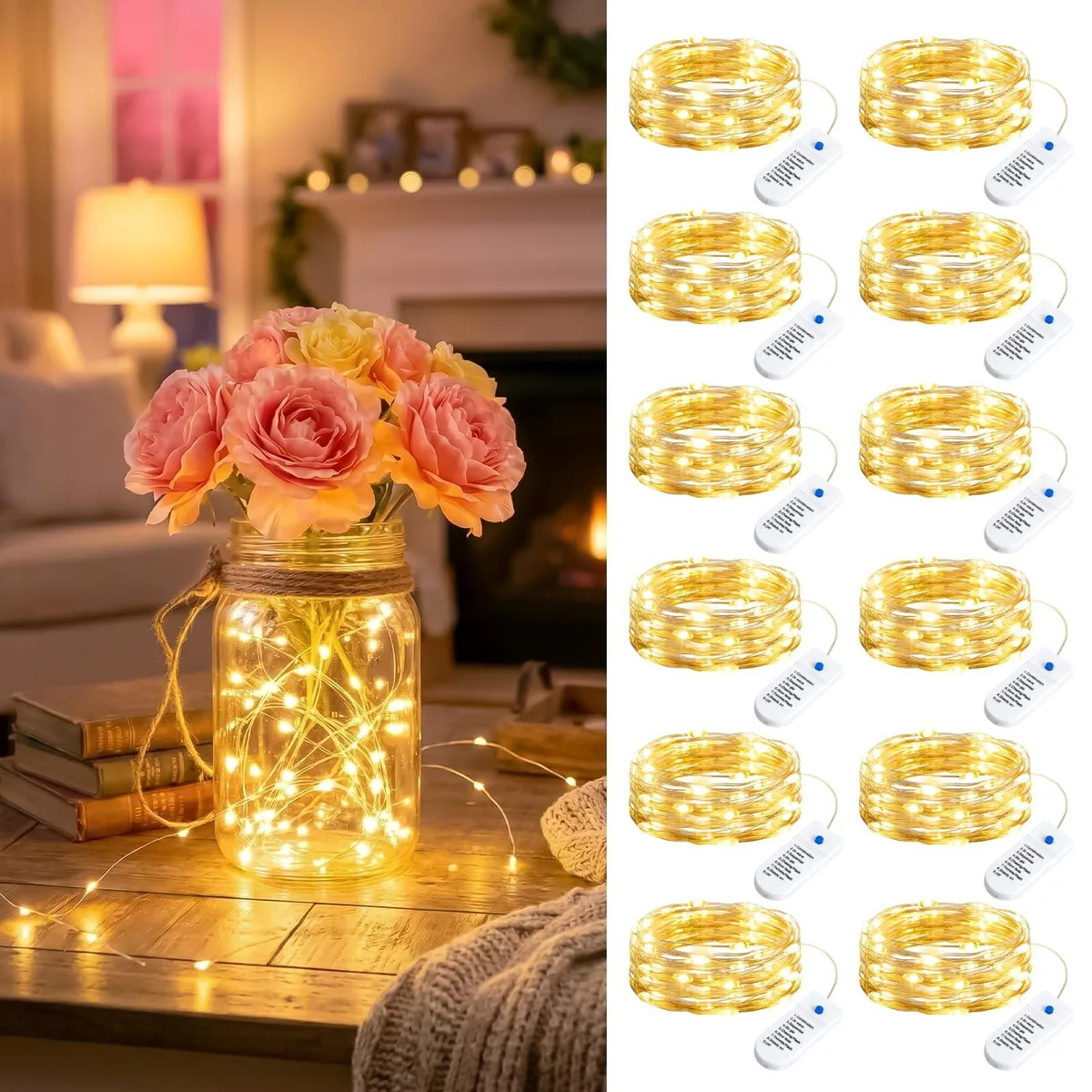 Twelve sets of warm white LED fairy lights on thin silver wire, battery boxes included