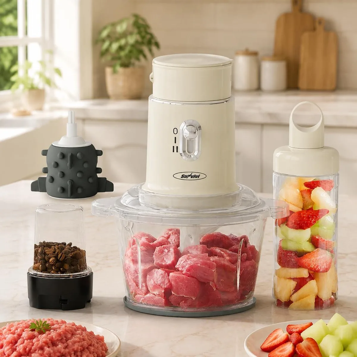  SUNVIVI ZFC001 4-in-1 food processor 1.5L glass bowl 2 cups beige — product photo