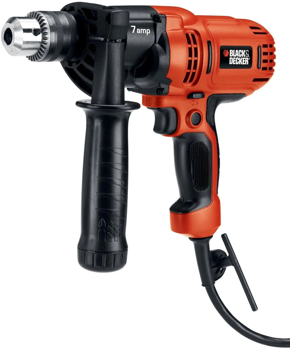 Orange corded drill with keyed chuck, side handle, comfort grip
