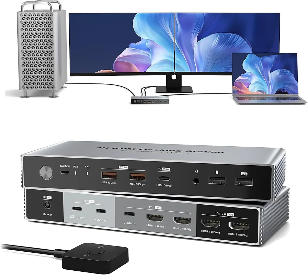 BFKK BFKK Dual Monitor KVM Switch 4K 60Hz 2 Computers 2 Monitors USB-C 7.5W 15W PD — product photo