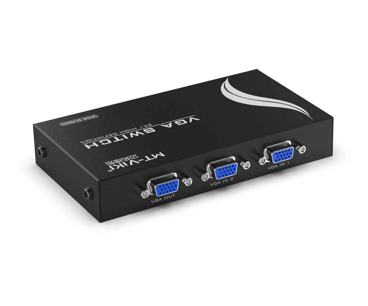 Small metal box with two VGA inputs and one VGA output, push-button selector, no power adapter needed