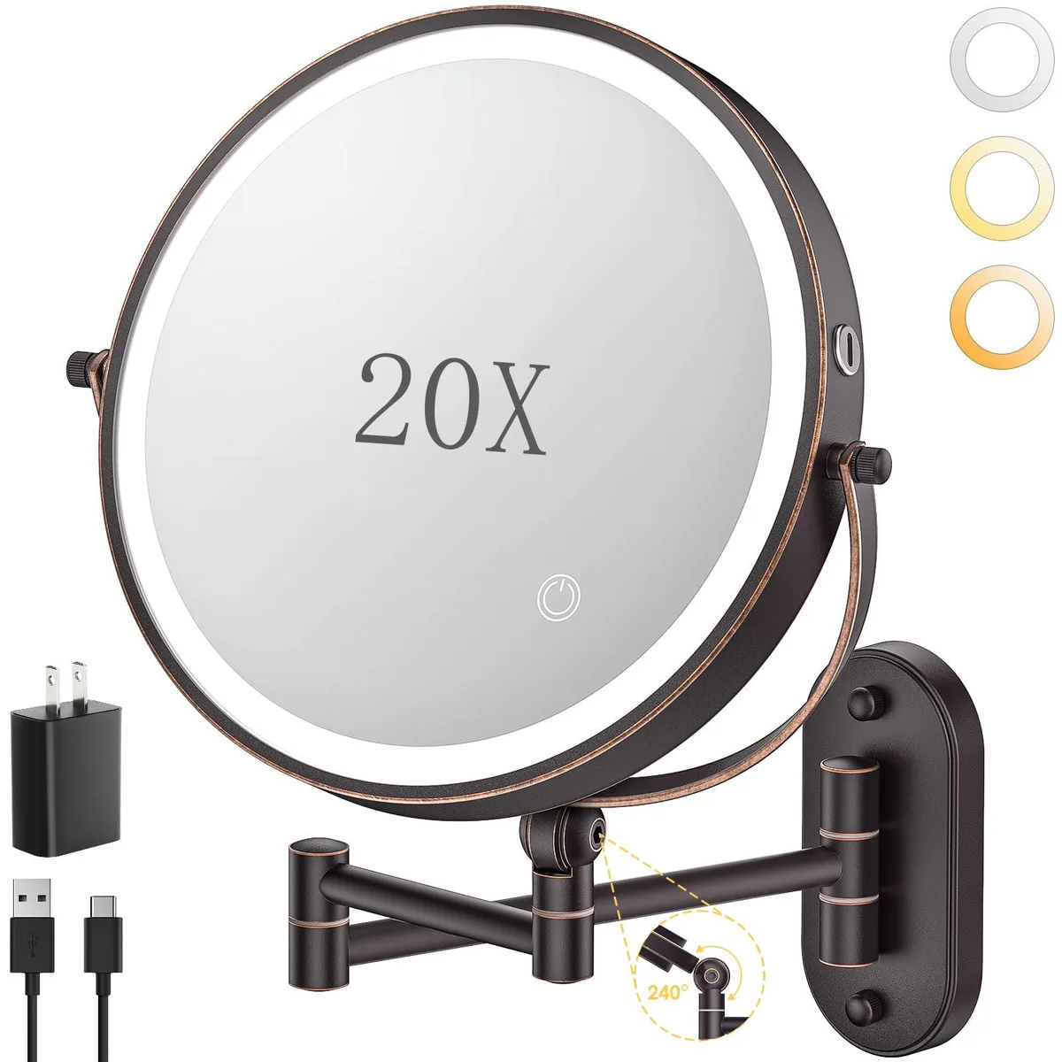 Round bronze wall mirror with extendable arm and built-in light