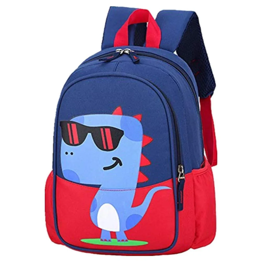 Red nylon dinosaur backpack with front zip pocket and padded straps