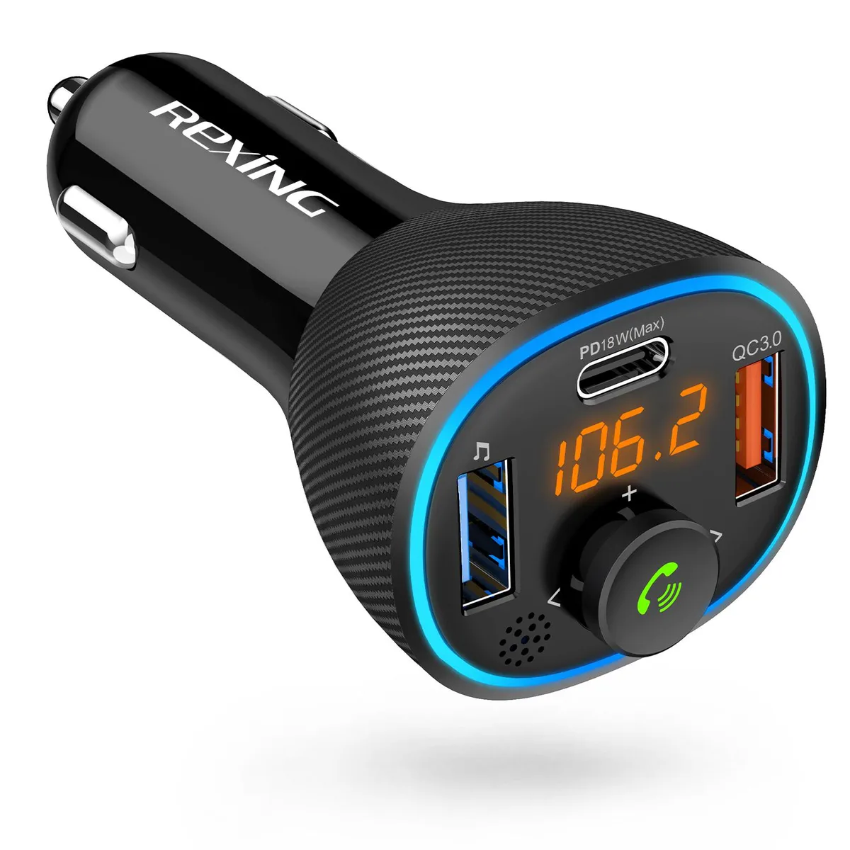 Rexing Rexing FM Transmitter Car Charger Bluetooth 5.0 QC 3.0 Type C Black car electronics accessory — product photo