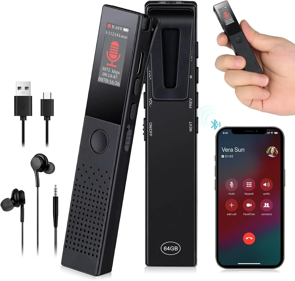 BONAEVER BONAEVER 64GB voice recorder Bluetooth 5.2 3072kbps — product photo