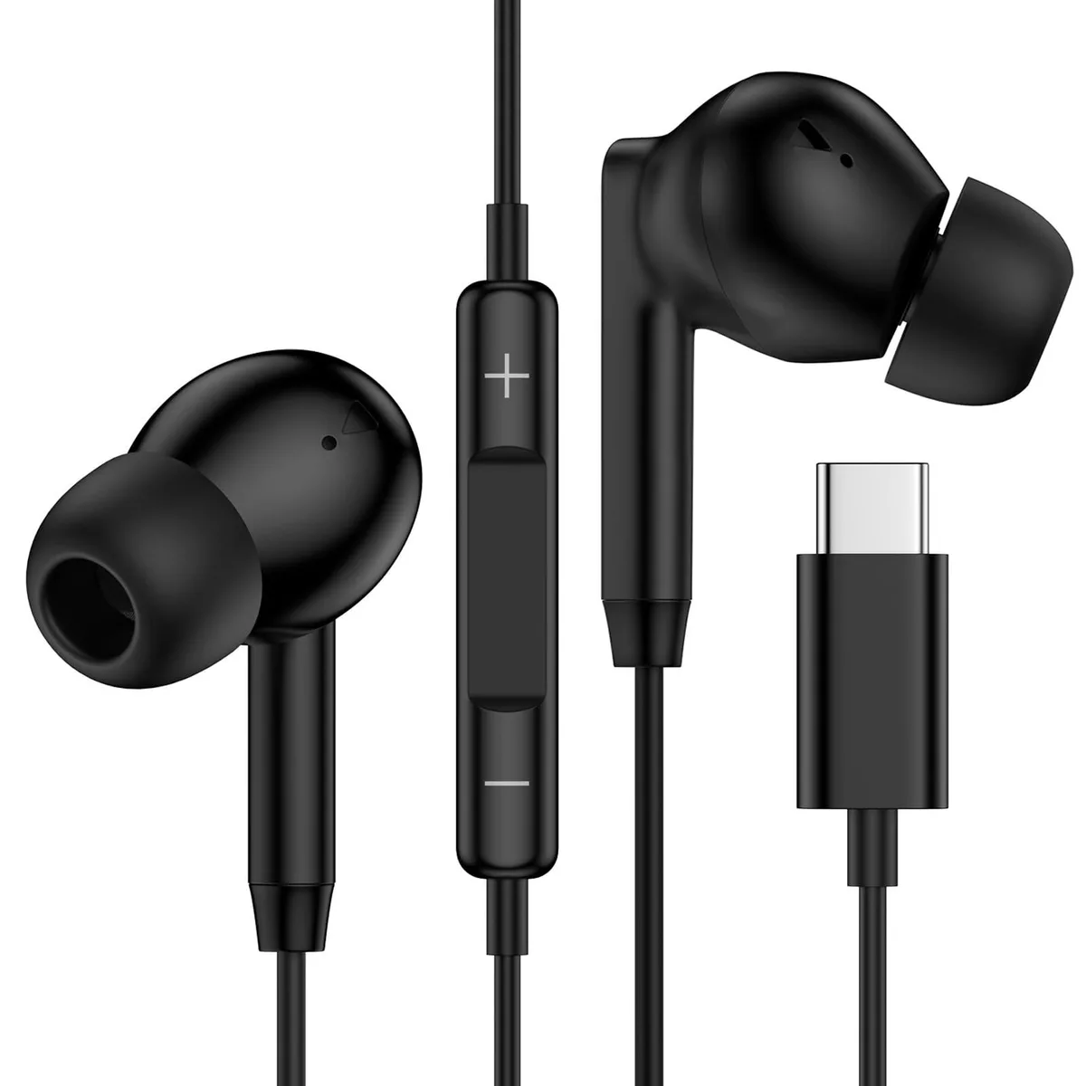 Black wired USB-C earbuds with inline microphone and control button, silicone tips, tangle-free cable