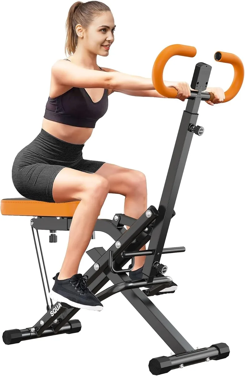 Steel-frame squat rowing machine with padded seat, LCD console and resistance bands