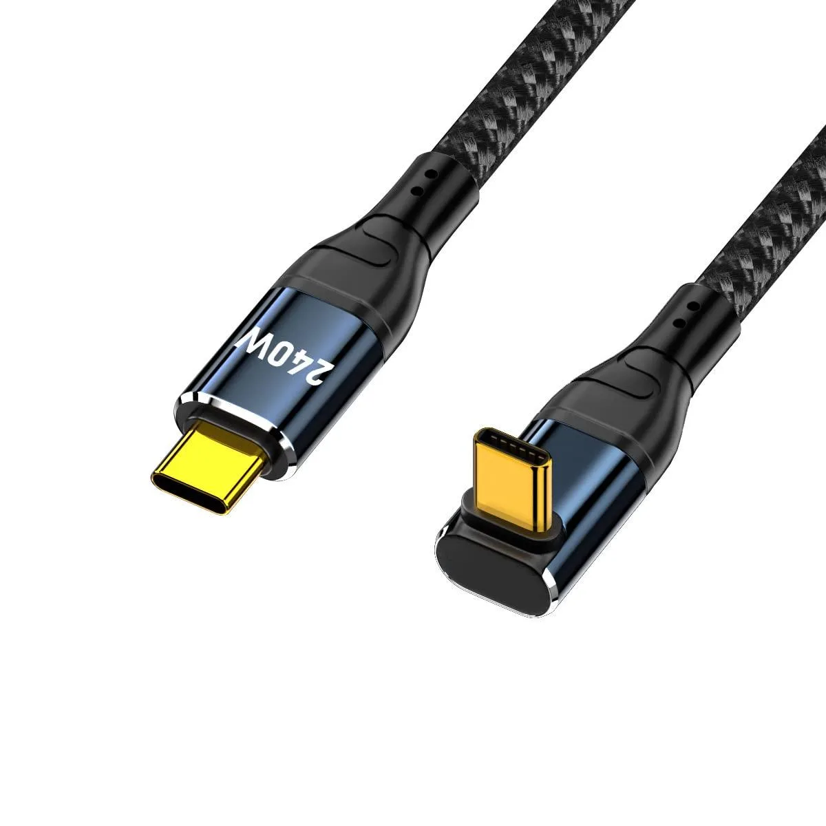 Black USB-C cable with angled male connectors at both ends, two metres long