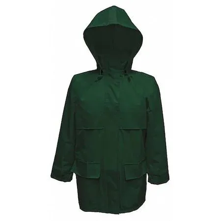 Green 150D rip-stop polyester rain jacket with attached hood and hook-and-loop cuffs