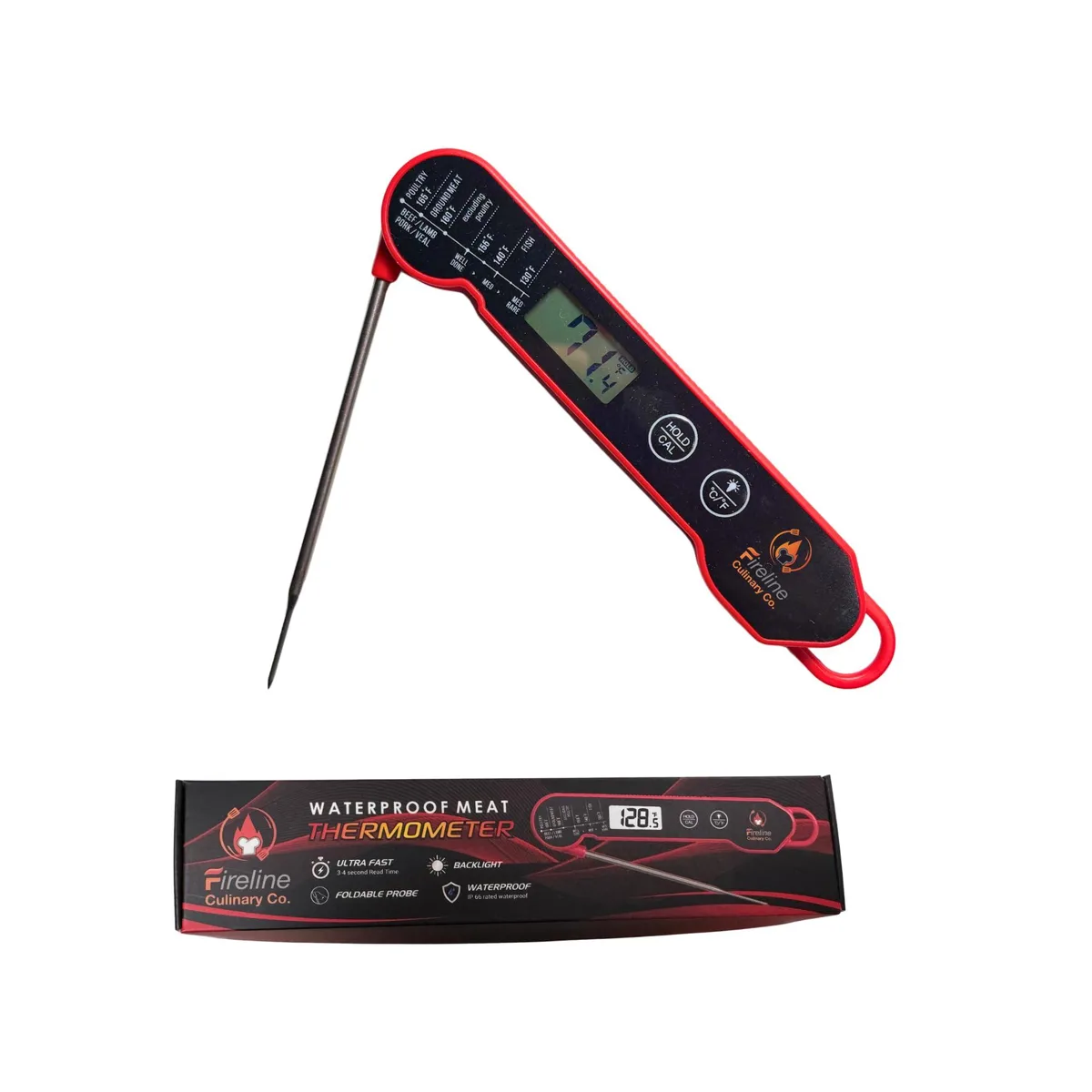 Red digital meat thermometer with foldable probe and magnetic back
