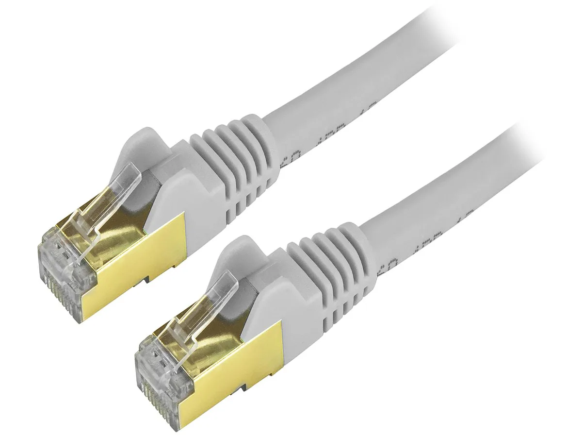 Gray shielded Cat6a patch cable, 1 ft, molded RJ45 connectors