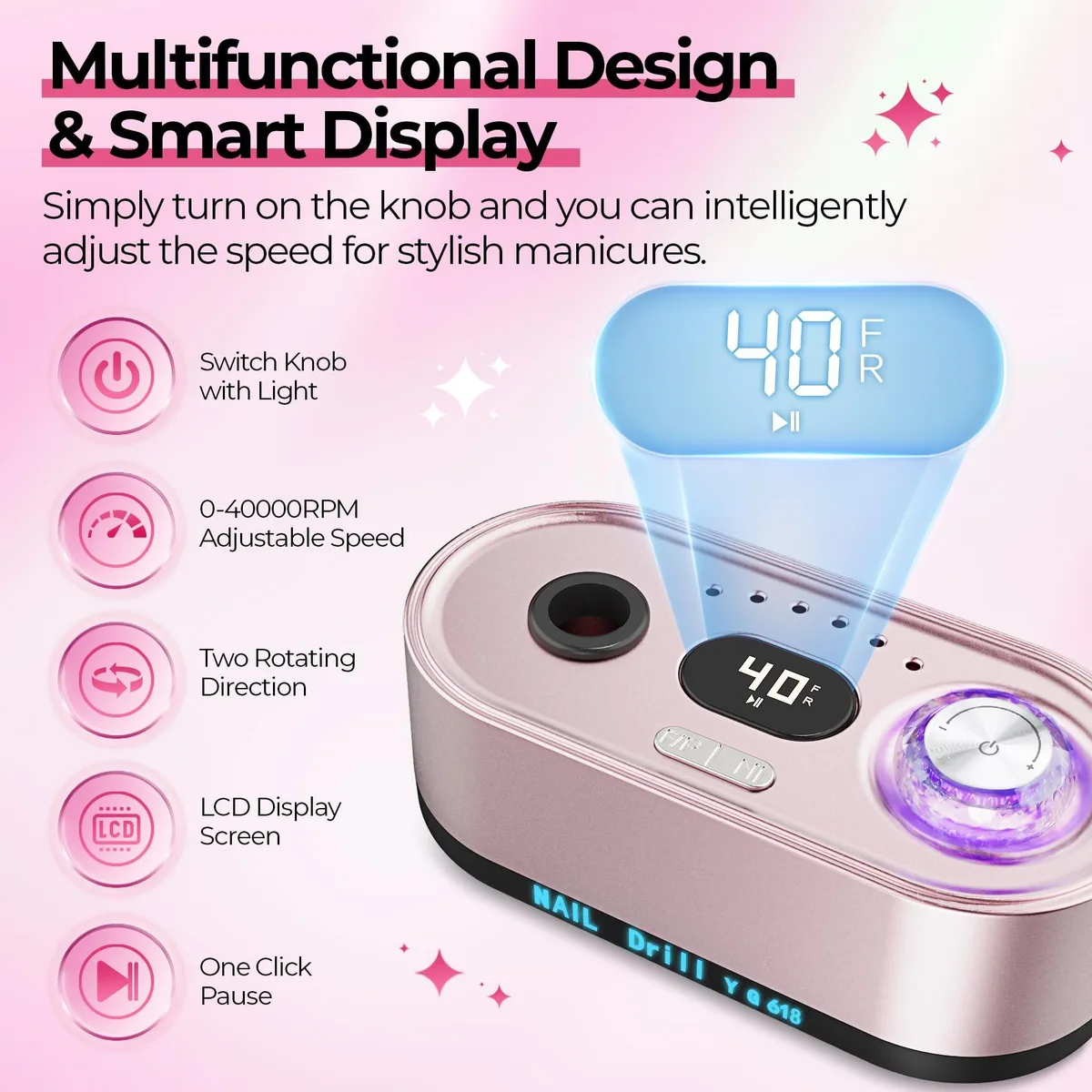 Pink corded nail drill handpiece with digital display and speed knob