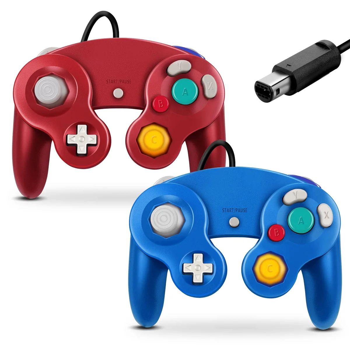 Two wired GameCube-style gamepads, one blue and one red, with standard button layout and analogue stick