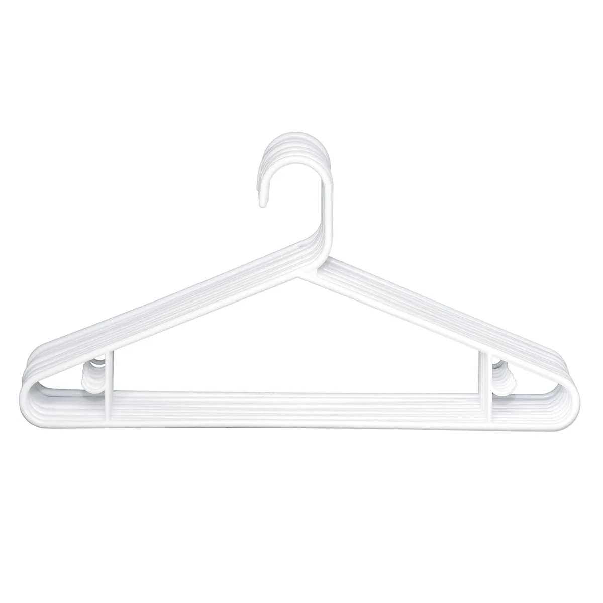 Ten white plastic clothes hangers with vertical support bars and accessory hooks