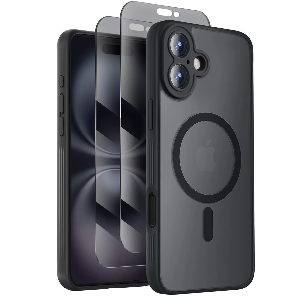 Black minimalist iPhone 16 case with camera cover and MagSafe ring